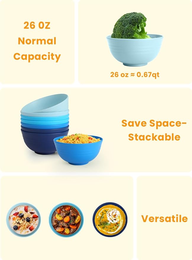 Homienly Wheat Straw Bowls, 8 PCS Microwave Safe Bowl Unbreakable for Salad, Soup, Cereal, Oatmeal, Reusable Plastic Bowls for Kithen, Family, Camping, Party, Dishwasher Safe, 26 OZ (Gradient Blue)