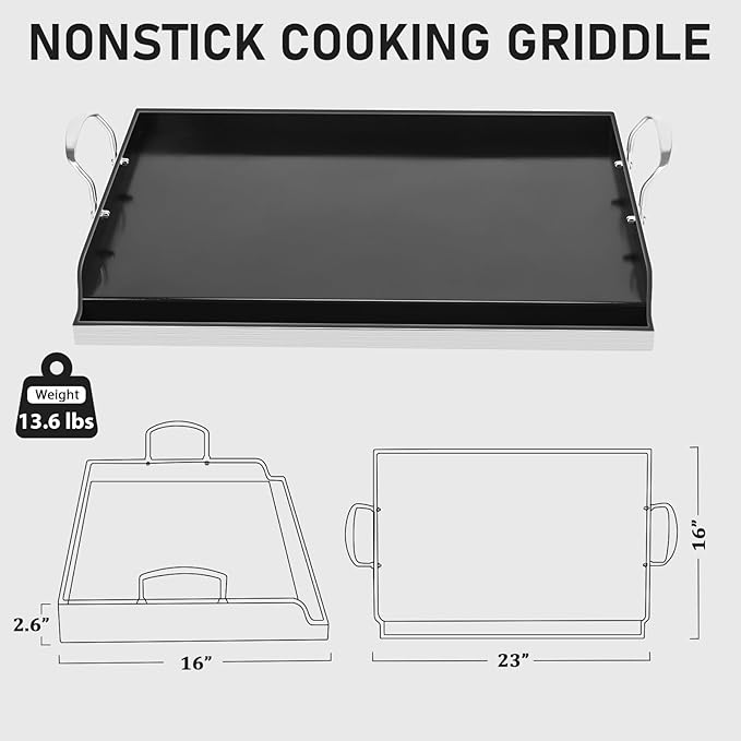 Utheer 23" x 16" Ceramic Nonstick Stainless Steel Griddle for Gas, Charcoal, Grill, Large Stove Top Griddle, Non-Toxic, PFAS/PFOA/PTFE Free, Oven Up to 500°F, for BBQ, Camping & Kitchen, Black