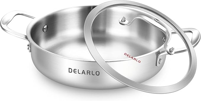 DELARLO Tri-Ply Stainless Steel 3QT Saute Pan With Lid, 12 Inch Deep Frying Pan, Induction Large Skillet, Cooker Pan, Dishwasher & Oven Safe