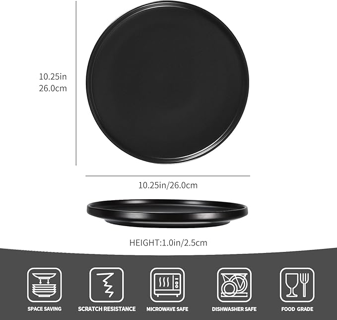 GZG Ceramic Dinner Plates Set of 4,10 Inch Stoneware Dishes Set,Microwave and Dishwasher Safe Kitchen Utensils,Stackable,Scratch Resistant (Matte Black)