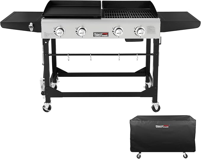 Royal Gourmet GD401C 4-Burner Propane Gas Grill and Griddle Combo with Cover, Griddle Grill Combo with 48,000 BTUs Output for Outdoor Cooking While Camping or Tailgating, Black & Silver