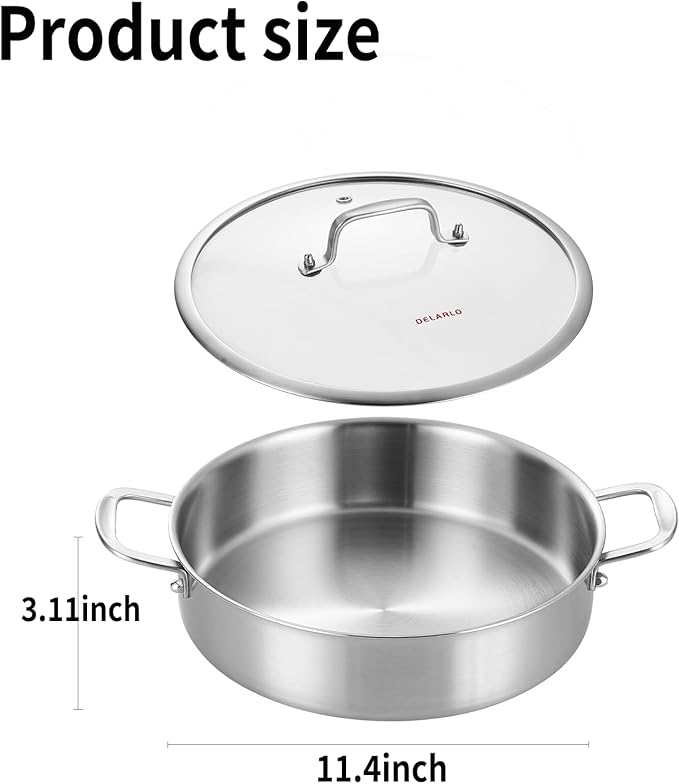 DELARLO 5.5QT Tri-Ply Stainless Steel Saute Pan With Lid, 12.3inch Braiser Pans, Large Frying pan,18/10 Induction Skillet with Glass Lids, Efficent Fast pan for Boiling, Braising, Stewing, Sautéing