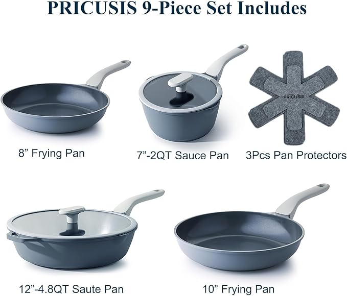 PRICUSIS Nonstick Pots and Pans Set, 9 Pieces Non Toxic Ceramic Nonstick Cookware, Healthy Omelete/Egg Skillet, Healthy Frying Pan, PTFE PFOA & PFAS Free, Induction Compatible, Gray