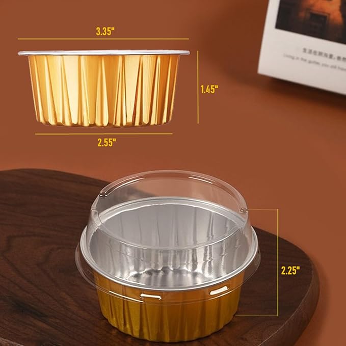 Disposable Muffin Pans with Lids, 5 oz Mini Cake Pans for Cupcake, Multi-purpose Aluminum Foil Baking Cup, Premium Dessert Cups, Creme Brulee Ramekins Oven Safe, 60 Pack