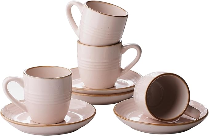 famiware Jupiter Espresso Cups and Saucers Set of 4, 3 oz Ceramic Small Coffee Mug with Handle, Spiral Stoneware Demitasse Cup for Tea, Latte, Cafe - Microwave & Dishwasher Safe, Light Pink