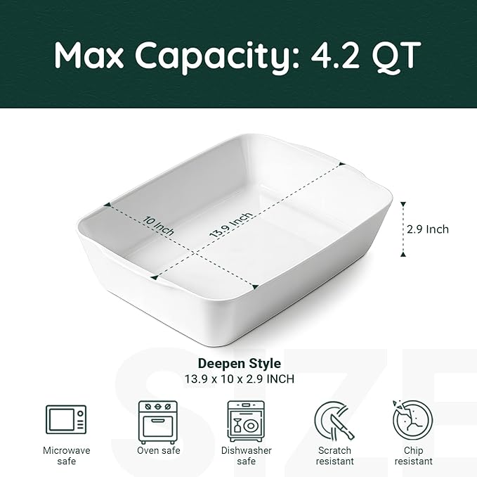4.2 QT Deep Ceramic Baking Dish, White Casserole Dish, Lasagna Pan for Oven, Ceramic Baking Pan, Kitchen Decor, Microwave Oven Safe, Dinner, Wedding (10" x 13.9")