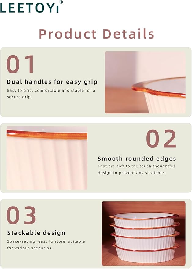 LEETOYI Porcelain Small Oval Au Gratin Pans, Baking Dish Set for 1 or 2 person servings, Bakeware with Double Handle for Kitchen and Home, Set of 2 (White/Brown)