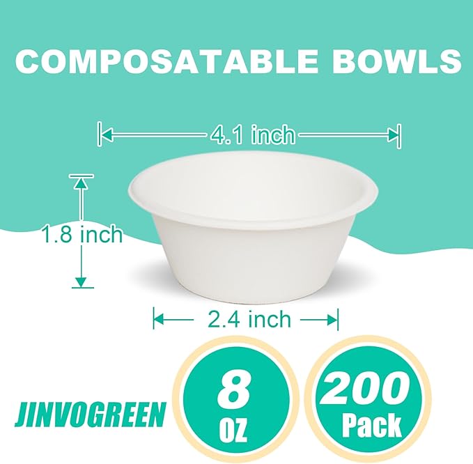 200 Count 8 oz Paper Bowls, Disposable Compostable Bowls, Heavy Duty Biodegradable Sugarcane Bagasse Bowl for Snacks, Fruits, Desserts, White