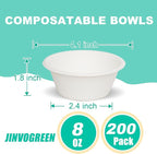 200 Count 8 oz Paper Bowls, Disposable Compostable Bowls, Heavy Duty Biodegradable Sugarcane Bagasse Bowl for Snacks, Fruits, Desserts, White