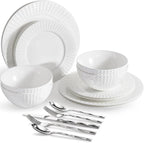 KINGSTONE 12-piece Bone China Dinnerware Set and 20-piece silverware, White Lightweight Porcelain for 4, Plates, Bowls with matching flatware, Microwave and Dishwasher Safe, for Family, Gifting