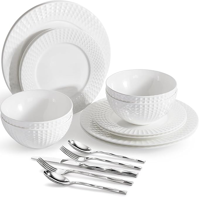 KINGSTONE 12-piece Bone China Dinnerware Set and 20-piece silverware, White Lightweight Porcelain for 4, Plates, Bowls with matching flatware, Microwave and Dishwasher Safe, for Family, Gifting