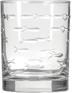 Rolf Glass School of Fish 13 oz Double Old Fashioned Whiskey Cocktail Glass | Set of 2 | Engraved Lead-free Tumbler Glasses | Made in the US