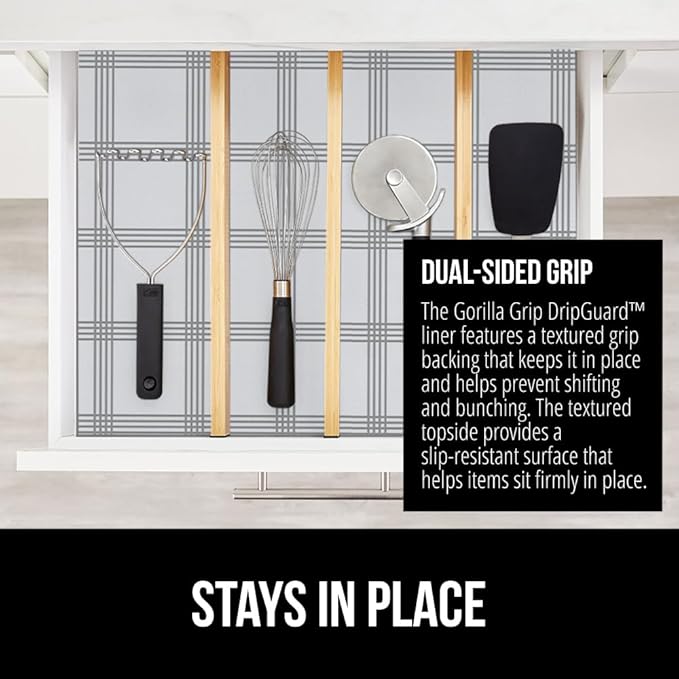 GORILLA GRIP DripGuard Drawer and Shelf Liner for Cabinet, 20x240 Inch, Slip Resistant Non Adhesive Protection for Kitchen, BPA Free Smooth Surface Plastic Liners for Cabinets, Drawers, Gray Stripe