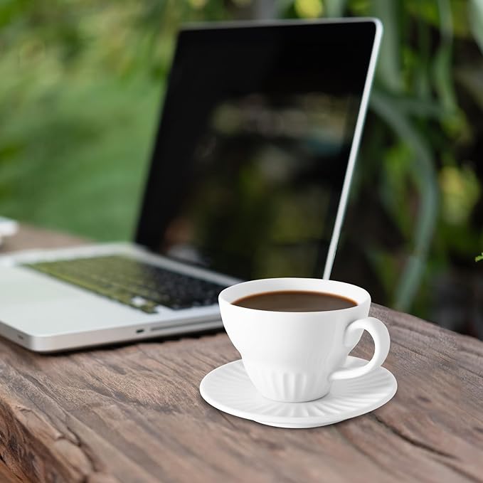 4 oz White Espresso Cups Set of 2, Ceramic Cappuccino Cups with Saucers, Durable Porcelain Tea Set & Modern Coffee Cup Collection, Coffee Lover Gifts