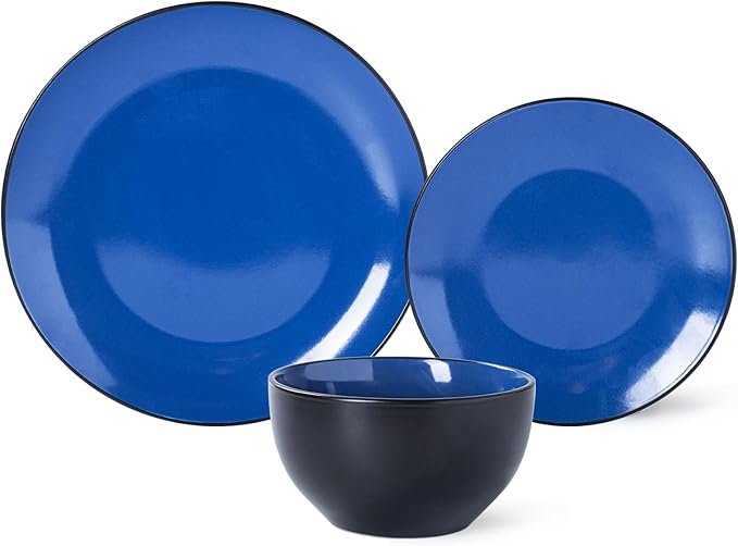 Plates and Bowls Sets for 4 - CJDC-QUELO 12-Piece Stoneware Dinnerware Sets, Ceramic Dishware Set for Indoor Kitchen Use and Formal Dining, Chip and Scratch Resistant Microwave Dishwasher Safe, Blue