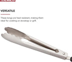 KitchenAid Gourmet Stainless Steel Serving Tongs with Hang Hook and Secure Closing Lock, 9 Inch, Stainless Steel