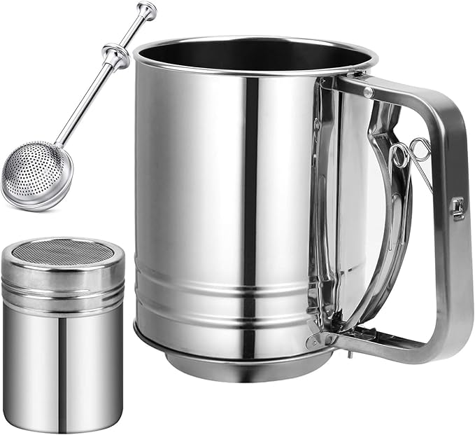 Flour Sifter Stainless Steel,5 Cup Flour Sifter for Baking,3 in1 Sifter for Baking with Powdered Sugar Shaker Duster, Flour Shaker Duster for Baking Cakes, Pastries, Pies, Cupcakes and Desserts
