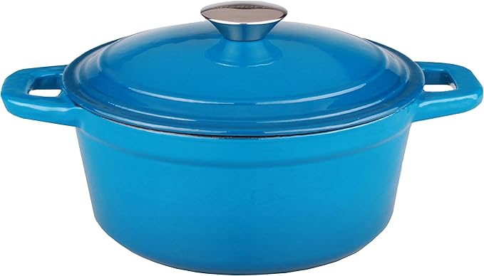 BergHOFF 5Pc Neo Enameled Cast Iron Cookware Set, 3qt. Dutch Oven, Fry Pan 11", Grill Pan 10", Black Slotted Steak Press, Matching Lid,Oven Safe Up To 400°F, Blue