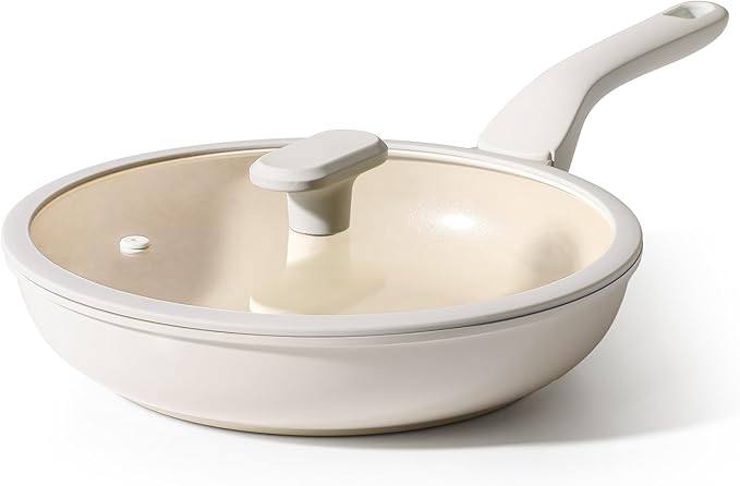 PRICUSIS Nonstick Ceramic Frying Pan with Lid, 8/10 Inch Skillet with Stay Cool Handle, Fully Coated, 100% Dishwasher Safe, Oven Safe, PTFE PFAS & PFOA Free (10 Inch, Coconut White
