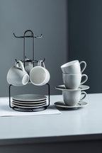 YHOSSEUN Porcelain Espresso Cups Set and Metal Stand 3 OZ Demitasse Cup For Coffee Shot, Mugs for Latte, Cafe Mocha, Cappuccino, and Tea, Serve for 6 Gray