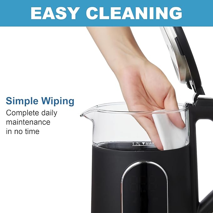 Electric Kettle, 1500W Fast Boiling Glass Water Kettle with Temperature Control, 1.7L Cordless Stainless Steel Base, Keep Warm & Auto Shut-Off, BPA-Free, Black