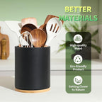 Wooden Utensil Holder, 360°Rotating 7.3'' Large Utensil Holder for Kitchen Counter, Kitchen Utensil Organizer, Utensil Crock, Farmhouse Kitchens Countertop Decor, Black Color