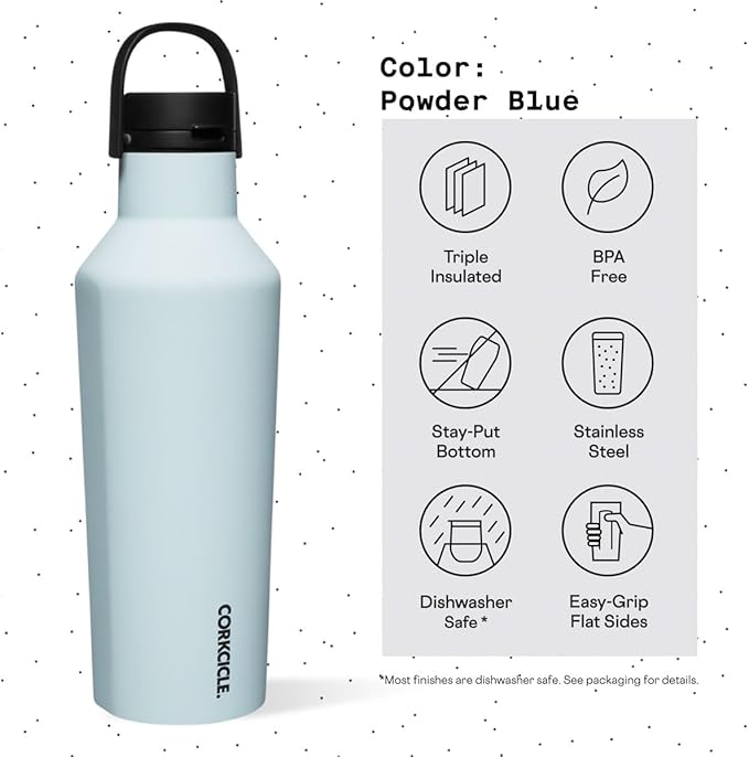 Corkcicle Sport Canteen Insulated Tumbler, Powder Blue, 32 oz – Reusable Water Bottle Keeps Beverages Cold for 25 Hours & Hot 12 Hours – Cupholder Friendly Tumbler with Screw-On Cap
