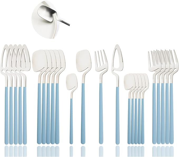JASHII Silverware Set Satin Finish 24-Piece Stainless Steel Flatware Set Kitchen Utensil Set Service for 6 Tableware Cutlery Set Dishwasher Safe (Matte Blue Silver)