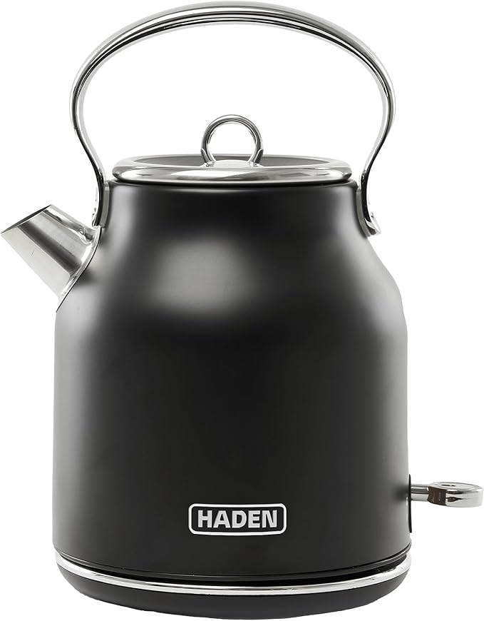 HADEN Heritage 1.7 Liter Stainless Steel Electric Kettle, Hot Water Kettle with 360-Degree Base and Auto Shutoff, Black & Chrome
