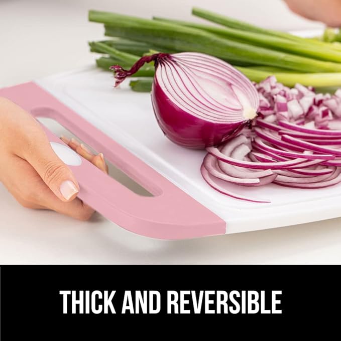 GORILLA GRIP BPA-Free Reversible Kitchen Cutting Board Set of 3, US Designed, Nonporous, Juice Grooves Catch Liquid, Slip Resistant Border, Dishwasher Safe, Durable Large Food Chopping Boards, Pink