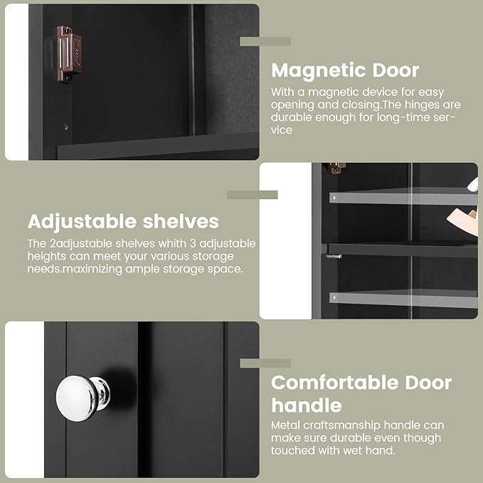 Iwell Tall Black Bathroom Cabinet with 2 Doors and 1 Drawer, Bathroom Storage Cabinet with Adjustable Shelves, Narrow Storage Unit for Living Room, Entryway, Kitchen, Black