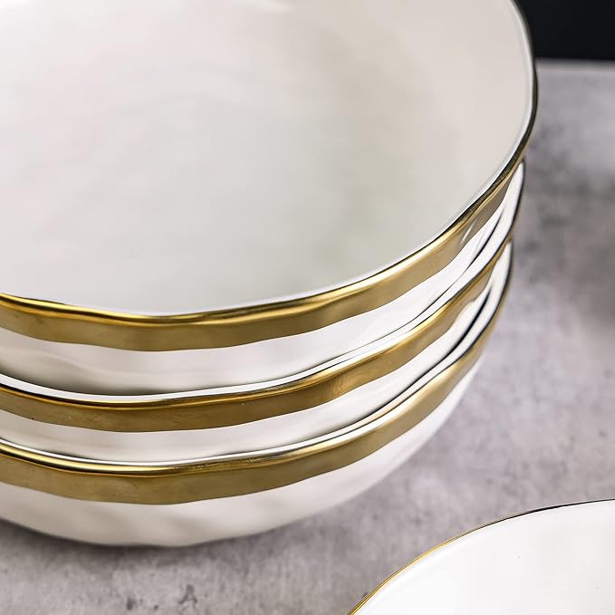 Stone Lain Florian 4-Piece Round Pasta Bowl Set, White with Gold Rim