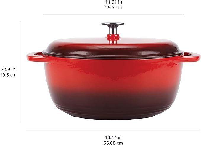 Amazon Basics Cast Iron Dutch Oven Pot with Lid, Enameled, Round, Dual Handles, Heavy-Duty, Large, 7.3-Quart, Red