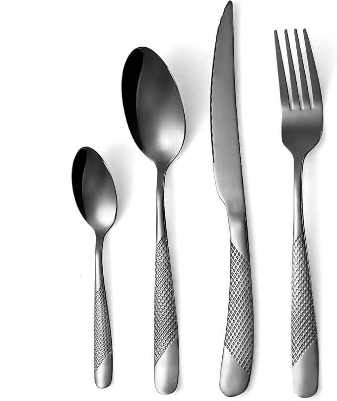 24-Piece Black Hammered Silverware Set, Food-Grade Stainless Steel Flatware Service for 6, Modern Cutlery Utensil Set with Forks Knives Spoons, Mirror Polished, Dishwasher Safe for Home Kitchen Dining