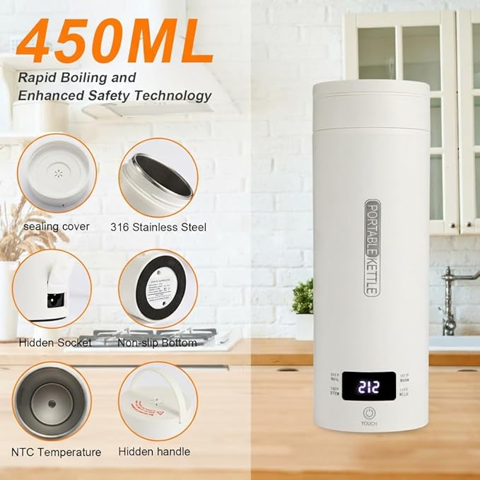 Travel Tea Kettle（110V）, Portable Electric Kettle, 316 Stainless Steel Premium Liner, 4-speed Temperature Adjustment with Auto Shut-off and Boil-Off Protection,White.