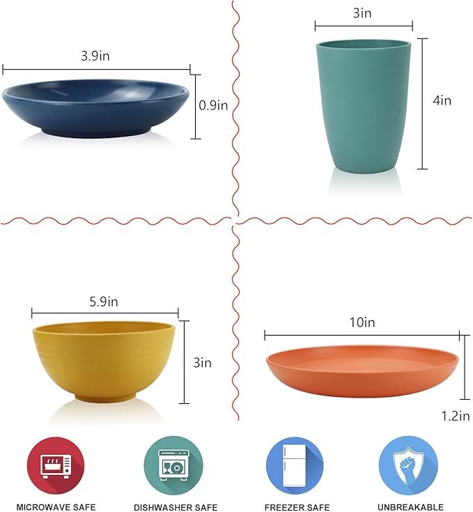 Wheat straw plates and bowls sets of 16 - Unbreakable wheat straw dinnerware sets for kids - Alternative plastic dinnerware set service for 4 - Microwave safe and Dishwasher safe bowls. Colorful