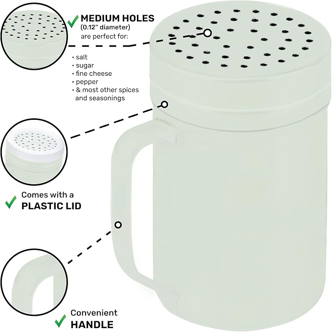 CUSINIUM 14oz Sage Stainless Steel Salt Pepper Dredge Shakers - With Plastic Cap - With Handle - Pack of 2