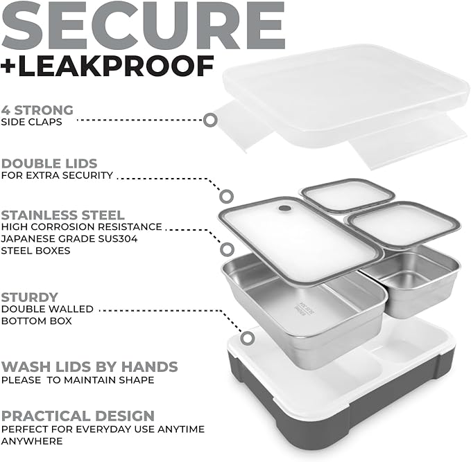 Stainless Steel Bento Lunch Box Set for Adults, Kids - Insulated Bag and Ice Pack - Leak-Proof Metal Compartment Meal Prep Food & Snack Containers for Work Travel School Daycare, 42 oz Grey Black