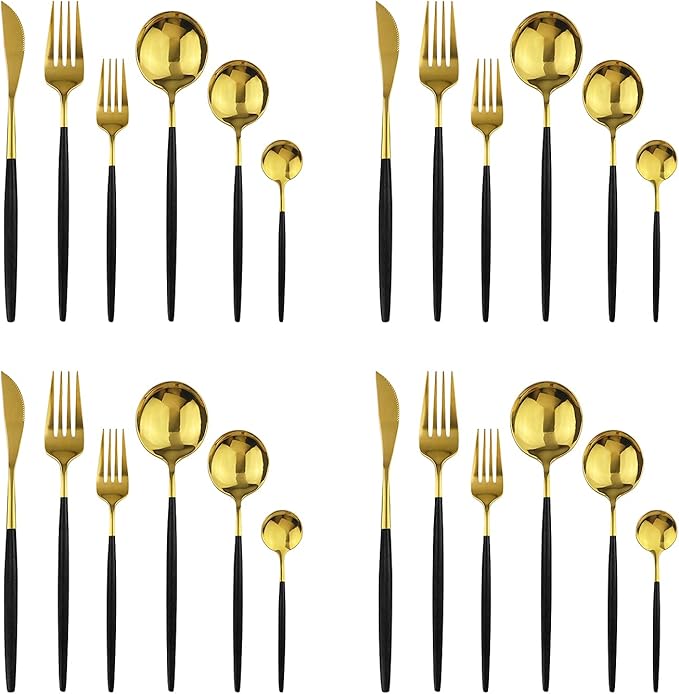 24Pcs Gold Mirror Silverware Flatware With Black Handle, 18/0 Stainless Steel Cutlery Set Utensils Kitchen Dinnerware Include Knife Fork Spoon and Teaspoon, Service for 4