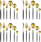 24Pcs Gold Mirror Silverware Flatware With Black Handle, 18/0 Stainless Steel Cutlery Set Utensils Kitchen Dinnerware Include Knife Fork Spoon and Teaspoon, Service for 4