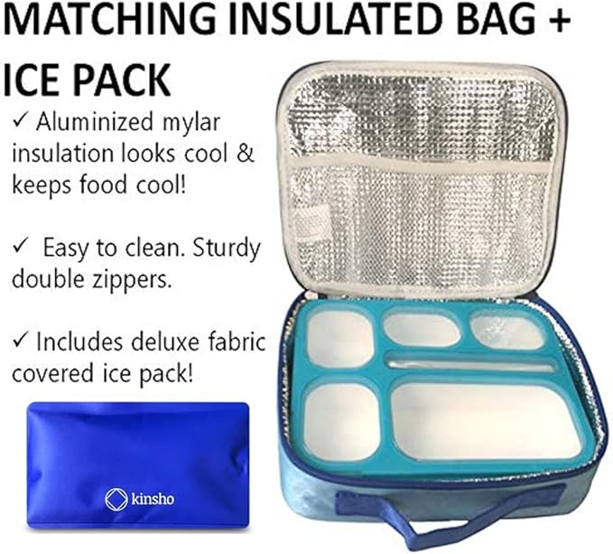 Bento-Box with Bag and Ice Pack Set. Lunch Boxes Snack Containers for Kids Boys Girls Adults. 6 Compartments, Leakproof Portion Container Boxes Insulated Bags for School Lunches, Blue