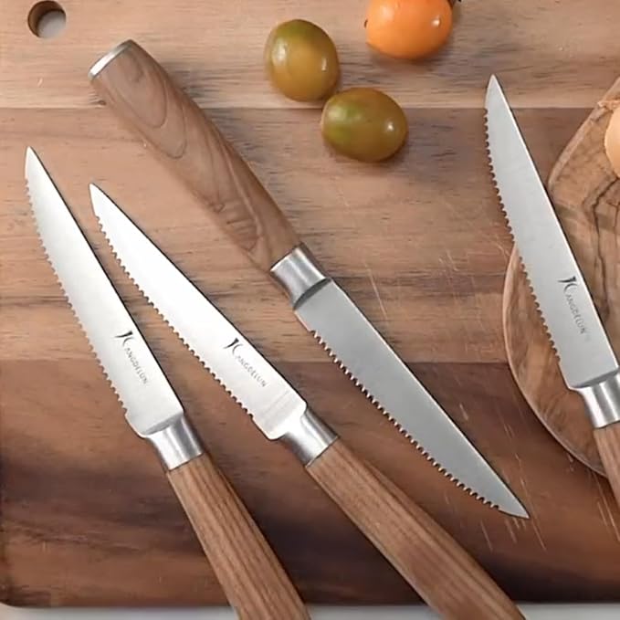 Natura Series 4.5” Serrated Steak Knife Set of 6, High Carbon Stainless Steel, Wooden Handle