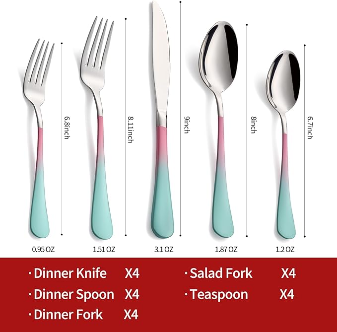 Colorful Silverware Set 20 Piece 18/0 Stainless Steel Flatware Pink and Green Handle Cutlery Set Service for 4 Fork Knife Spoon Set Mirror Finish Dishwasher Safe