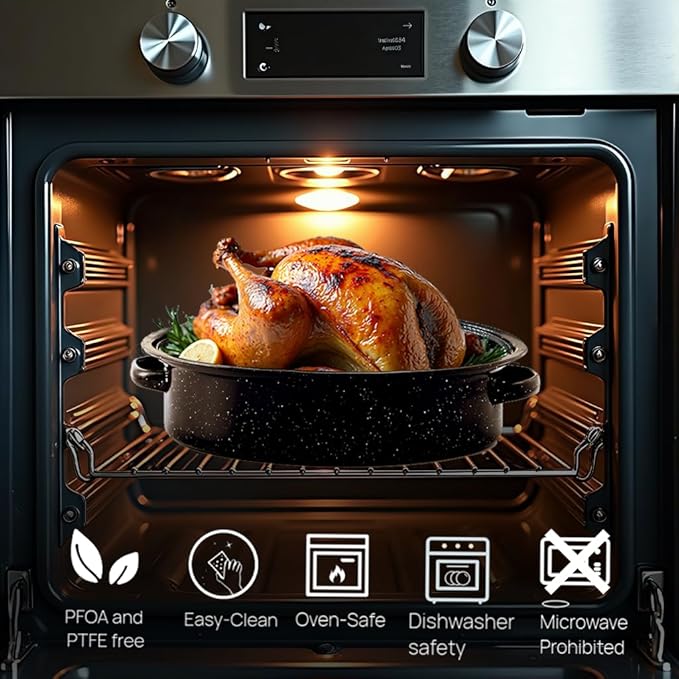 19” Turkey Roasting Pan Enamel Oval Granite Large Roaster Pan with Lid with 17in Inner Diameter Large Capacity Suitable for Thanksgiving Enamel Cook Ware Dishwasher Compatibility Oven Christmas Gift