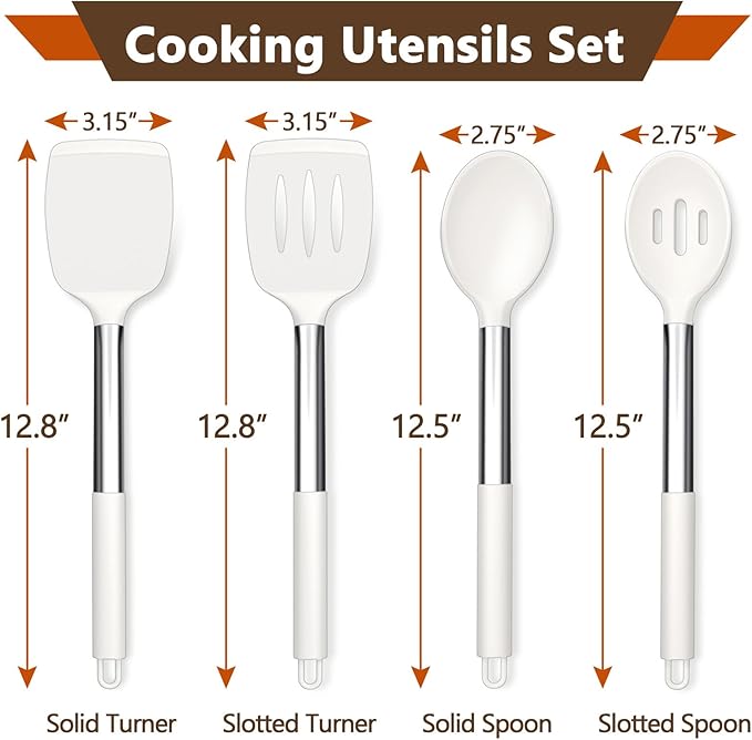 P&P CHEF White Kitchen Cooking Utensil Set of 4, Silicone Solid Spatulas Slotted Spoons Turners for Non-stick Cookware Flipping Mixing, Heat-proof