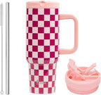 ProTour 100% Leakproof 40 oz Tumbler with Handle & 4-in-1 SipSwig Lid | Built-In Flip Straw & External Stainless Steel Straw | Insulated Stainless Steel Cup | BPA-Free | Pink Checkered