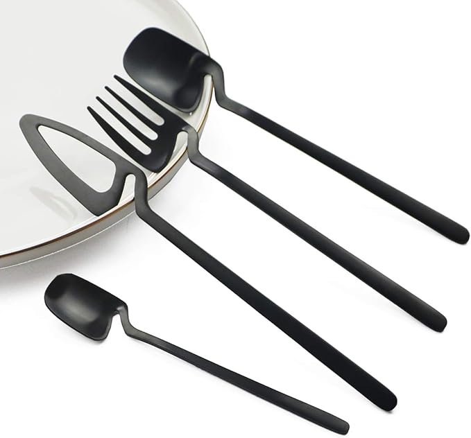 JASHII Hangable Silverware Set, Matte Black Flatware Cutlery Set Service for 2, Satin Finish 8 Piece Stainless Steel Utensils Set for Home and Restaurant, Dishwasher Safe(Black)