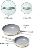 Caraway Ceramic Fry Pan Duo with Glass Lids - Non-Stick Frying Pans (10.5” & 8”) - Non Toxic, PTFE & PFOA Free - Oven Safe & Compatible with All Stovetops – Cream