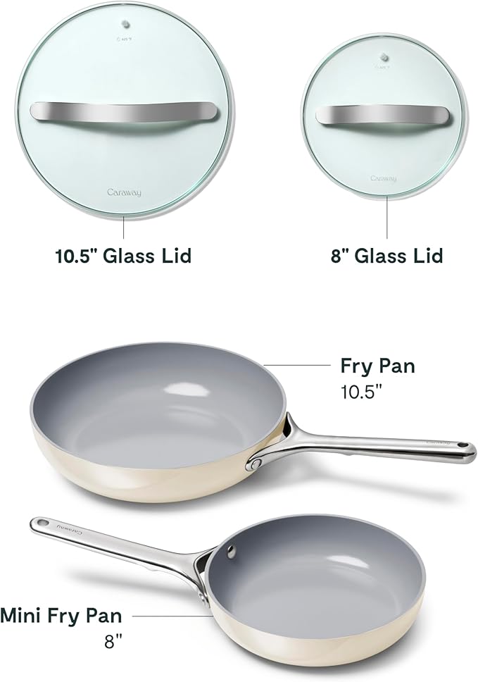 Caraway Ceramic Nonstick Fry Pan Set with Glass Lids – Includes Two 10.5” Fry Pans, One 8” Fry Pan, & Three Lids - Non Toxic, PTFE & PFOA Free - Oven Safe & Compatible with All Stovetops - Cream
