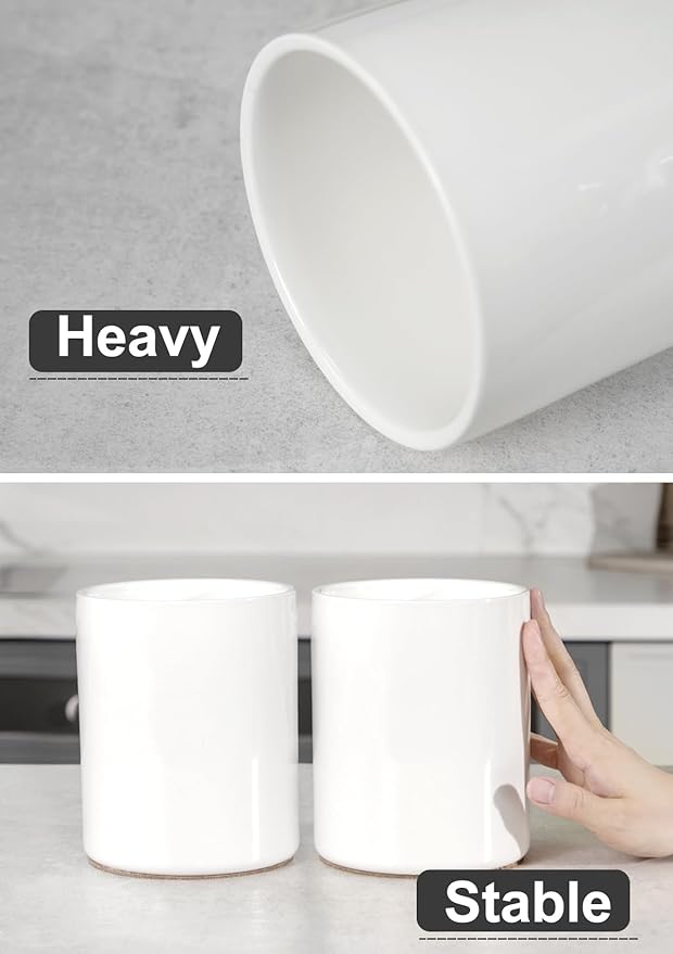 Nucookery Utensil Holder, 6.4" Ceramic Kitchen Utensil Holder with Countertop-Protection Cork Bottom, Farmhouse Kitchen Decor for Counter, Gift (White)